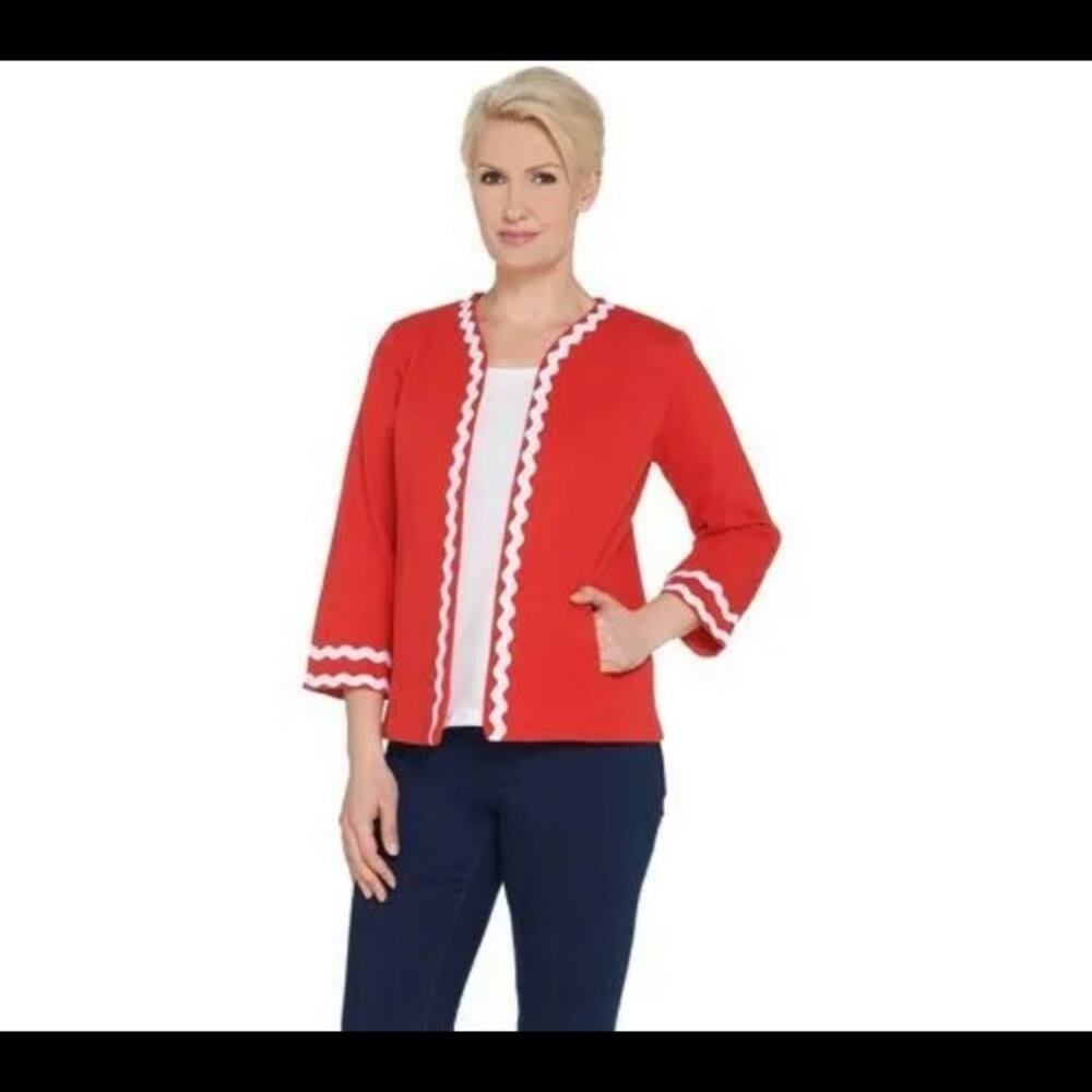 Bob‎ Mackie Rick Rack Knit Jacket Red Medium Pockets